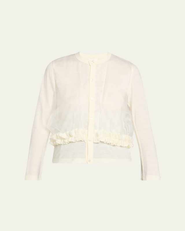 Ruffle Mixed-Media Crewneck Cardigan